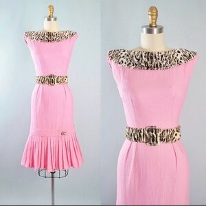 Vintage 1950s pink cotton pique cocktail dress with leopard belt and collar